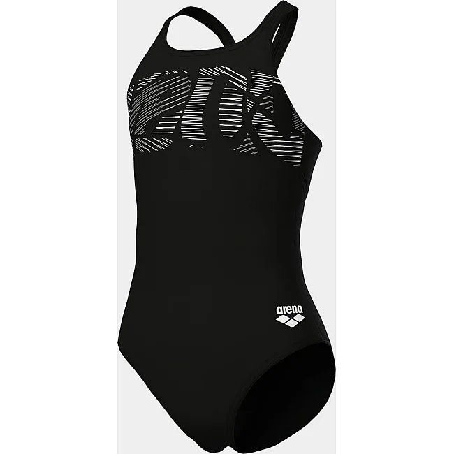 Купальник закрытый для девочек Arena GRAPHIC SWIMSUIT V BACK черный, белый (для детей)