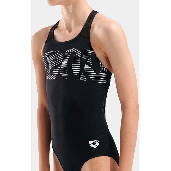 Купальник закрытый для девочек Arena GRAPHIC SWIMSUIT V BACK черный, белый (для детей)