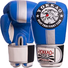 Перчатки для бокса кожаные YOKKAO YK016 10-16унций (Синий-серый)