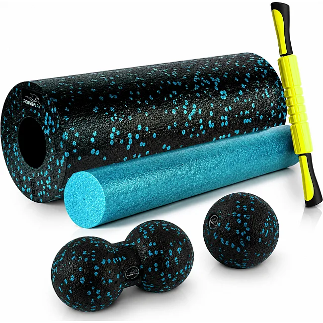 Массажный набор PowerPlay PP_4015 EPP Foam Roller Set 4in1 (2-я роллы + 2-я мячи) Черно-бирюзовый