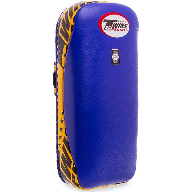 Тай-пэд ударный для Муай Тай прямой с ремнями и ручкой кожа TWINS
 KPL2-M 18x38x5см 1шт (Синий-желтый)