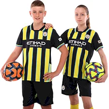 Футбольна форма дитяча із символікою клубу MANCHESTER CITY гостьова 2025 SP-SPORT CO-4717 20-28 (Чорний-салатовий)