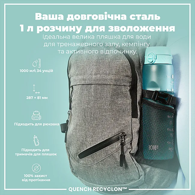 Бутылка для воды ION8 1000мл. BPA Free, Times To Drink, (ЭКО бутылка) BPA Free, Sonic Blue