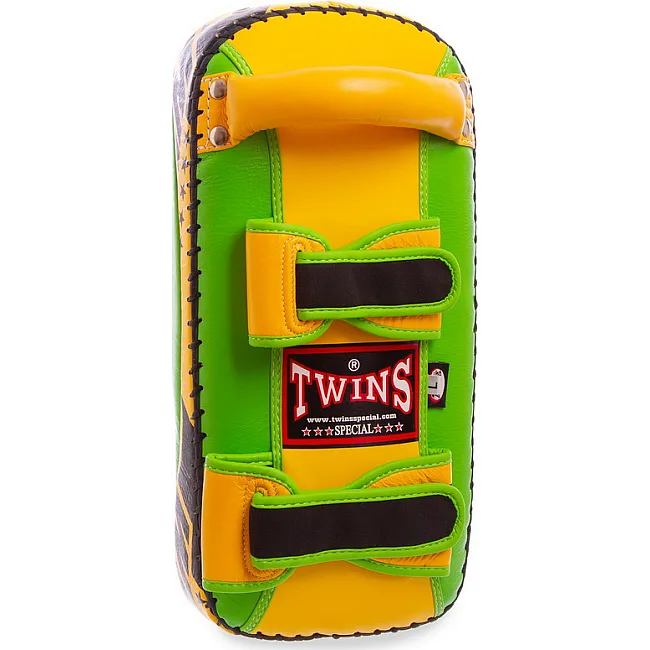 Тай-пэд ударный для Муай Тай прямой с ремнями и ручкой кожа TWINS
 KPL2-M 18x38x5см 1шт (Синий-желтый)