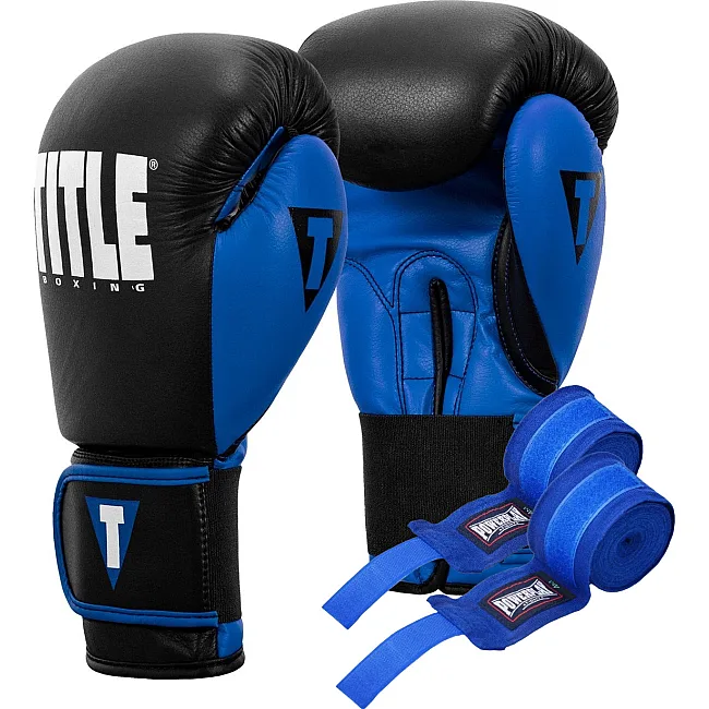 Боксерские перчатки TITLE Boxing Dynamic Strike Black/Blue (бинты 4м. в комплекте)