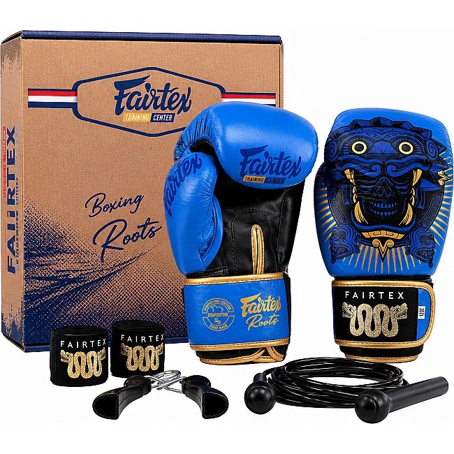 Боксерский набор 4в1 TWINS перчатки боксерские бинты скакалка и эспандер FAIRTEX BO-6662 (Синий)
