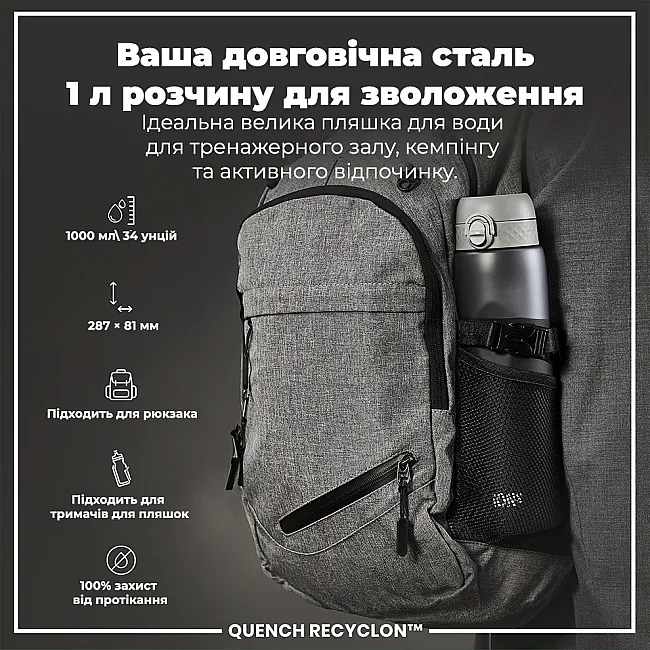 Бутылка для воды ION8 1000мл. (ЭКО бутылка) BPA Free, Grey
