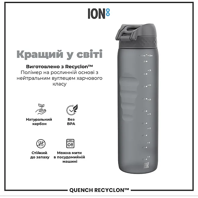 Бутылка для воды ION8 1000мл. (ЭКО бутылка) BPA Free, Grey