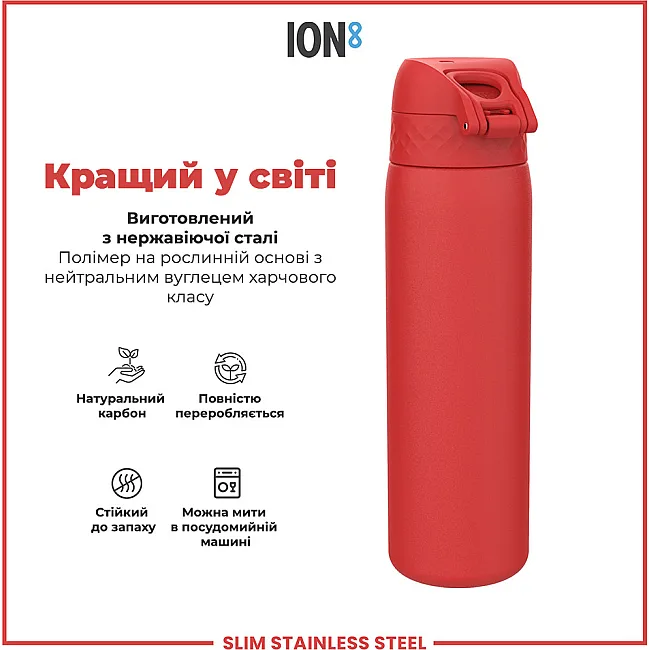Бутылка для воды металлическая ION8 600 мл. Stainless Steel, Red