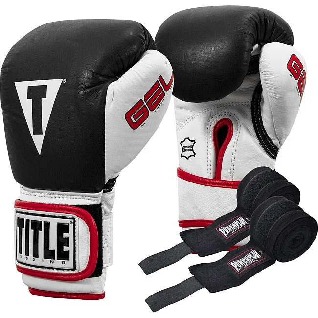 Боксерские перчатки TITLE Boxing Gel World Black (бинты 4м. в комплекте)